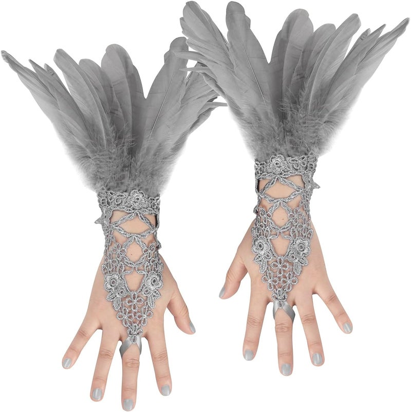 UQJE 2PCS Women's Lace Feather Long Gloves Gothic Mesh Cuff Wedding Halloween Party - Image 1